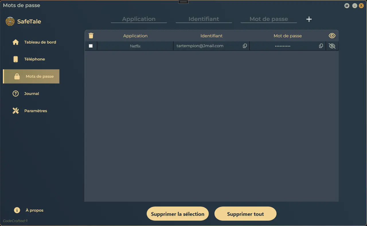 Vue des mots de passe enregistrés dans SafeTale