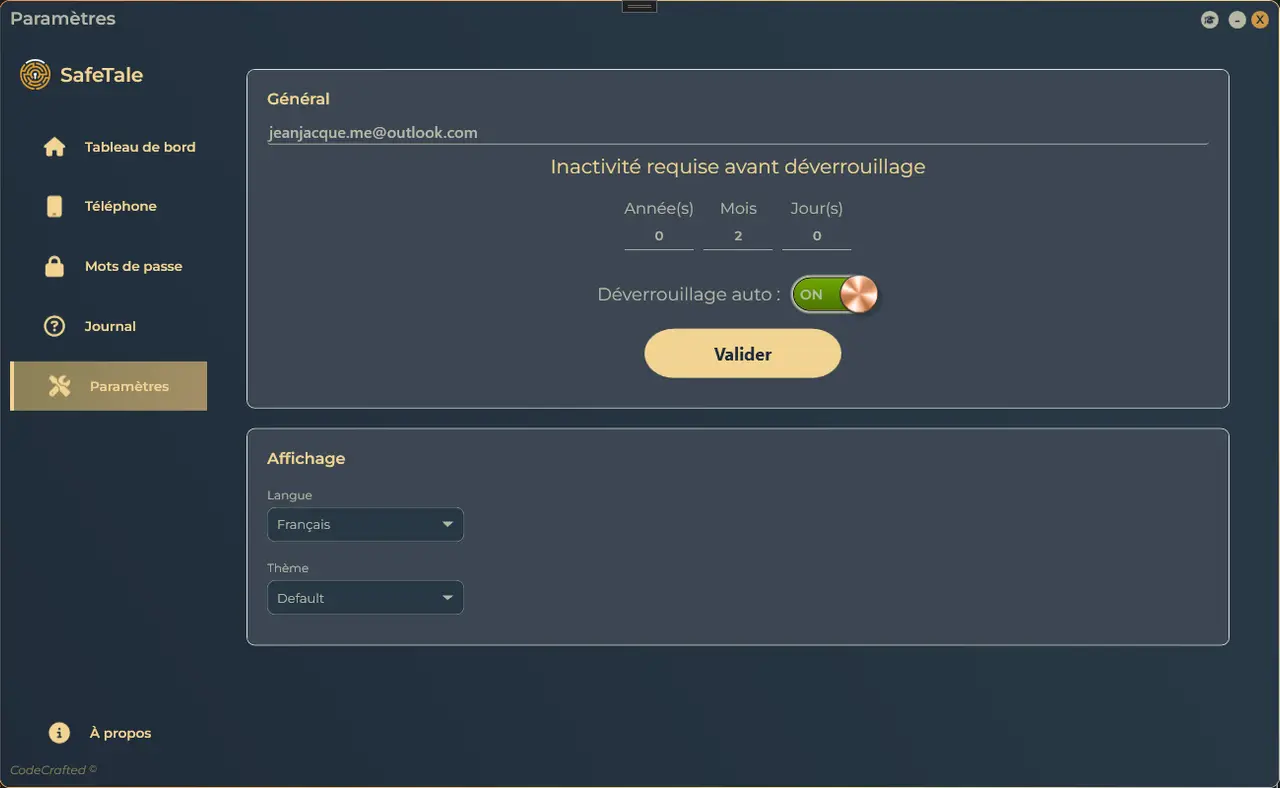 SafeTale settings screen, on the trusted contact's e-mail field